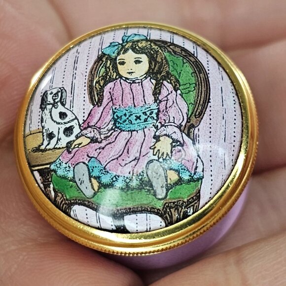 Halcyon Days Enamels Trinket Box Victorian Girl Doll & Dog Design